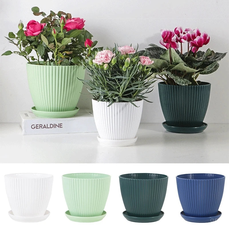 Plastic Flower Pots with Tray Solid Color Plant Pot Thickened Double Layer Green Plant Potted Planters Gardening Supplies